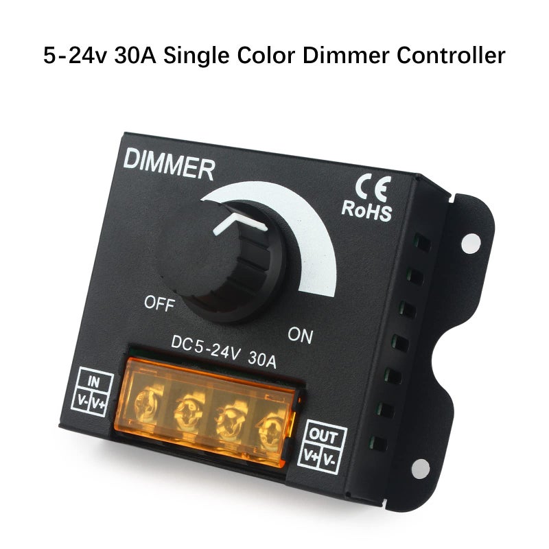 RGBZONE Single Color LED Light Strip Dimmer, DC 5V/12V/24V 30A PWM LED Dimming Controller, Knob Adjust Brightness ON/Off Switch for Single Channel Light Strips - Image 4